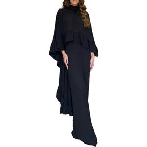 CHICME 2 Pieces Outfits for Women High-Low Ruffles Hem Cape Top and Casual Wide Leg Pants Travel Matching Sets (Small, Black)