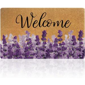Lavender Door Mat, 30x17 Inch Spring Non-Slip Front Door Welcome Mat | Lavender faux coir doormat with non-slip backing for porch, entryway, front door, and indoor outdoor use.