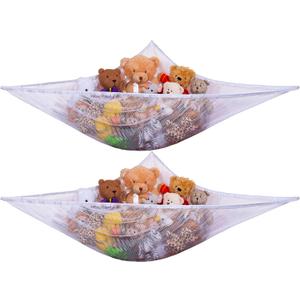 Handy Laundry Stuffed Animal Organizer Hammock, 2-Pack Mesh Toy Storage Net for Kids, Expands to 5.5 Feet, Corner Hanging Holder for Plushies & Children's Toys, Easy Install, White