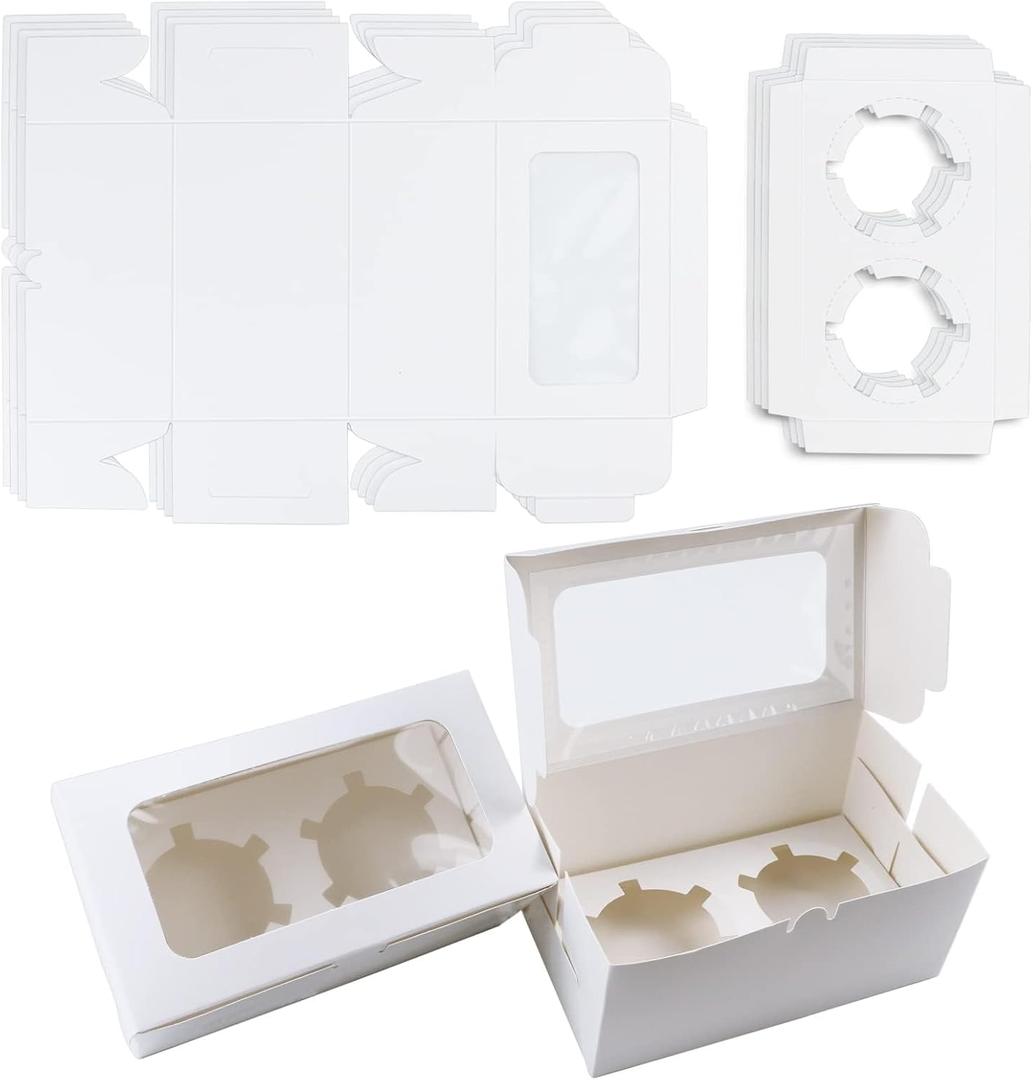 GothaBach 30 Pack White Paper Cupcake Boxes with 2 Cavity Cookie Gift Boxes with Clear Window 2 Treat Holder Cupcake Containers Bakery Cake Box for Birthday Party Holiday Bakery Supplies