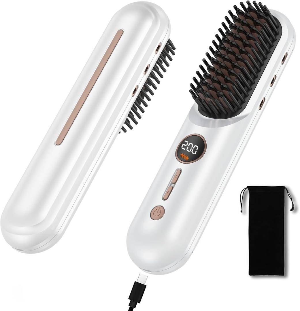 Cordless Straightener Brush, Portable Mini Hair Straightening Brush for Travel, Rechargeable 9000 mAh USB-C, Lightweight Anti-Scald Heated Styling Tools & Appliances (White)
