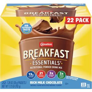 Carnation Breakfast Essentials Powder Drink Mix, Rich Milk Chocolate, 22 Count Box of 1.26 Ounce Packets (EXP 09/22/27)