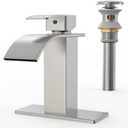 RUACQ Waterfall Bathroom Faucet,Single Handle Bathroom Sink Faucets for 1 or 3 Hole, Stainless Steel Washbasin Mixer Tap with Deck,Pop-up Drain and Supply Hoses (Brushed Nickel)
