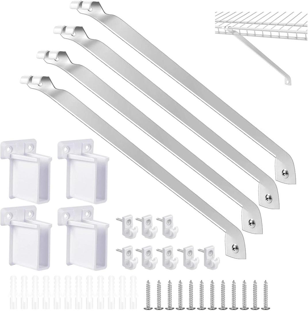 16inch Support Brackets for Wire Shelving Set, 4 Pcs Wire Shelf Brackets with 8 Wire Shelf Hooks and 4 End Bracket for Installation Wire Shelving Support Closet Wire Set