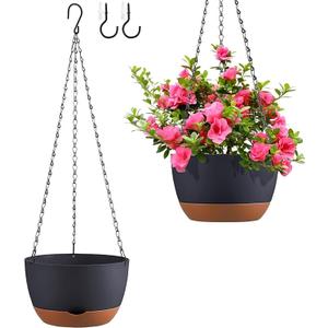 Set of 2 Hanging Planters for Indoor Outdoor Plants, 10 Inch Self-Watering Hanging Flower Pots with Drainage Hole & Removable Water-Storage Tray (Hooks)