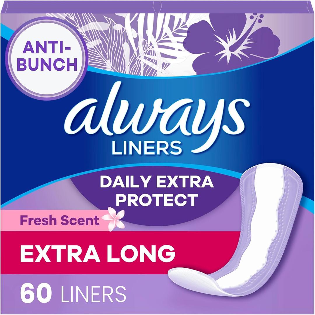 Always Daily Extra Protect Liners, Extra Long Length, Scented Panty Liners, Feel Clean and Comfortable for up to 10 Hours, 60 Count (Packaging May Vary)