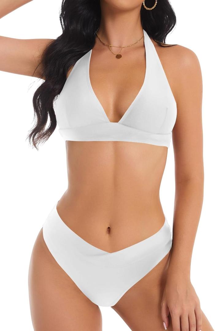 Bikini Sets for Women Two Piece Womens Swimsuits Sexy Adjustable Halter Tops Bathing Suit High Cut Bikini (Small, White)