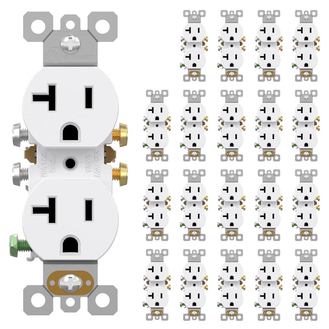 AIDA 20 Amps Outlets Duplex Electrical Receptacle Outlets, Electrical Outlet, 20Amp 125V Heavy-Duty Wall Outlet, Residential, 3-Wire, Self-Grounding, UL Listed, Side Wire (20 Pack, White)