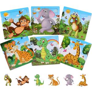 2 x NASHRIO Wooden Puzzles for Toddlers 3-5 Years Old(Set of 6), 9 Pieces Preschool Educational and Learning Animal Jigsaw Puzzle Toy Gift Set for Boys and Girls (9 Pcs-02)