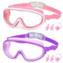 KAILIMENG 2 Pack Kids Swim Goggles, Clear Wide View No-Leak Anti-Fog UV Protection Swimming Glasses with Nose Clip Earplugs for Toddlers Youth Child 3-15 Years Old (Pink & Purple, 2 Pack)
