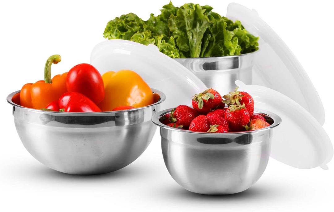 OVENTE Mixing Bowl Set with Lids, 3-Piece Stainless Steel Nesting Bowls for Easy Food Storage, Stackable Design, Kitchen Essential for Baking, Cooking and Prepping, Size 5, 3.5, 1.5QT, Silver BM46333S