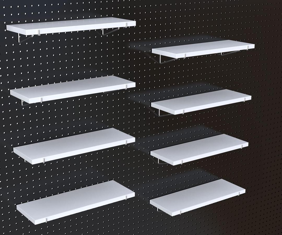 KINOMI Heavy Duty Pegboard Accessories Pegboard Shelves Value Kit,16 Pack Pegboard Shelf Brackets and 8 Pack Peg Board Shelves Included, for Garage, Home, Garden, Tool Shed(White)