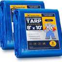 2 Pack 8' x 10' Waterproof Tarps, Finished Size Tarp Cover with Grommets Reinforced Edges, 5 MIL Multipurpose Light Duty Tarpaulin for Car, Camping, Boat, Roof, Protective Cover - Blue