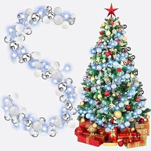 Jenaai 6 Ft Christmas Bulb Ball Garland with LED Lights Christmas Lighted Bulb Garland Ornament Xmas Tree Balls Decor Hanging Balls Decoration for Tree Fireplace(Silver, White)