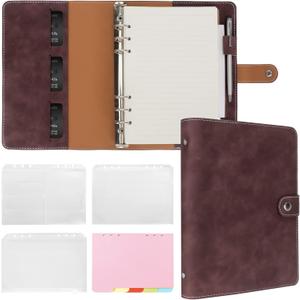 FYY A5 Binder Refillable Planner Notebook 6 Ring PU Leather Binder Journal with Pockets, Dividers, Refill Paper Dark Brown