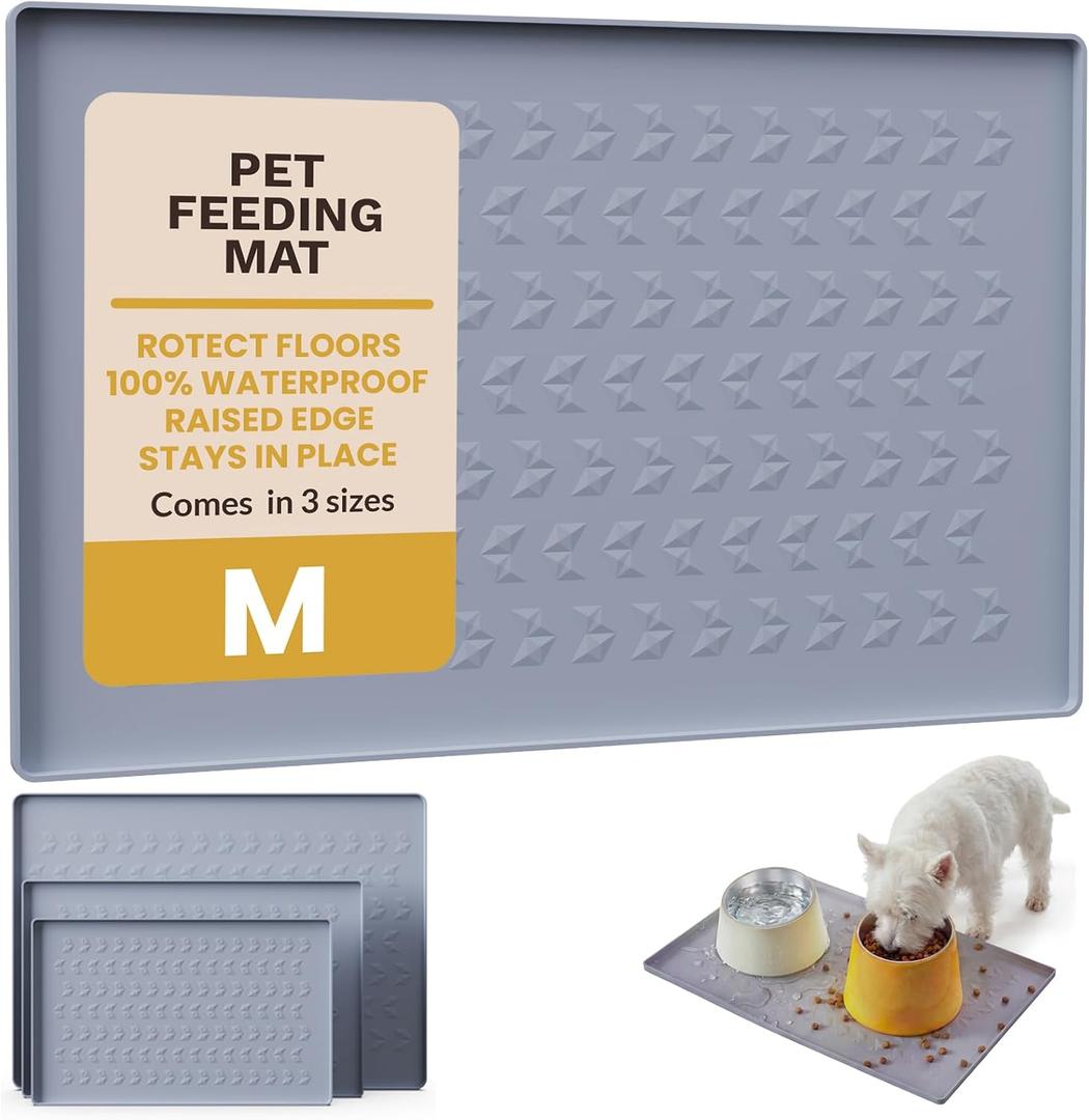 Silicone Pet Feeding Mat - 100% Waterproof Dog & Cat Bowl Pad with Raised Edges - Protects Floors from Messy Eaters & Spills - Anti-Slip, 100% PET-Safe, Dishwasher Safe (Grey 22" x 14")
