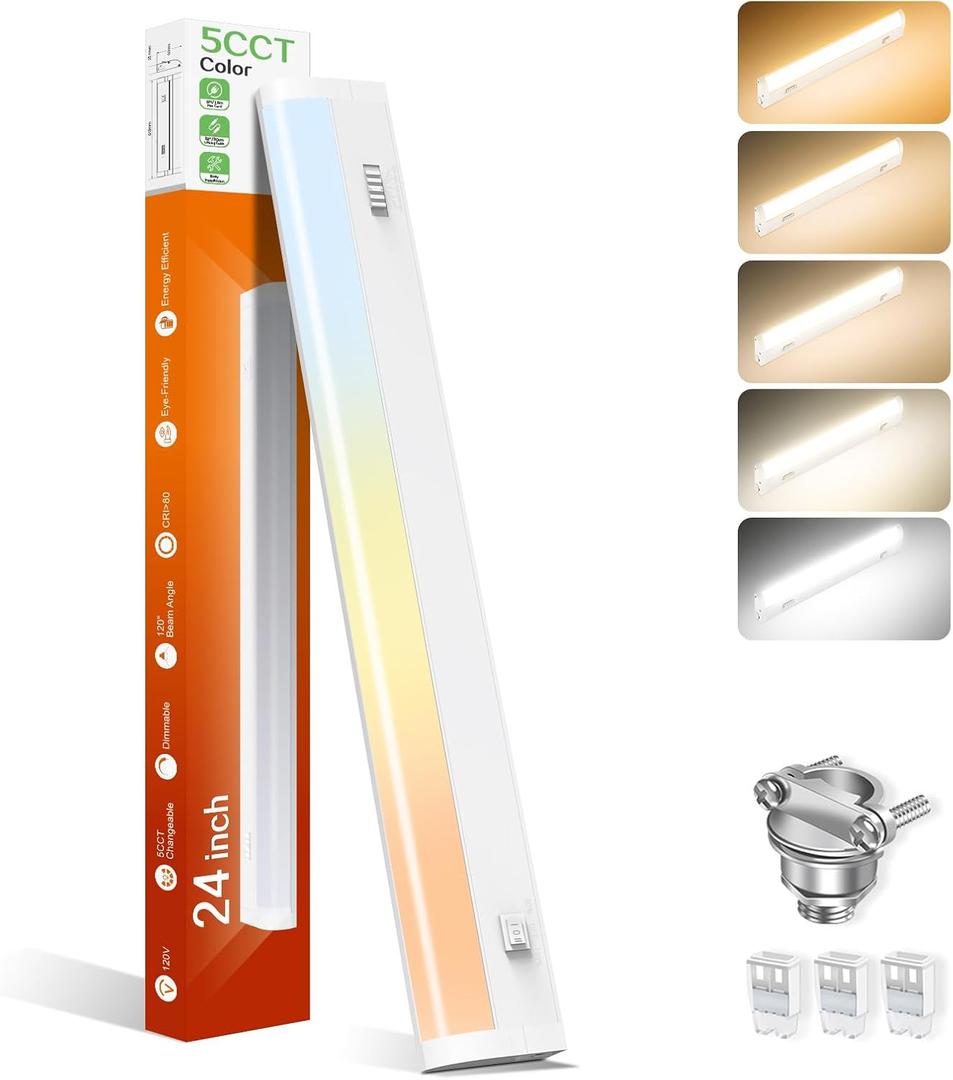 24 Inch LED Under Cabinet Lighting Hardwired Plug in, 5CCT Color Selectable 2700K/3000K/3500K/4000K/5000K Dimmable 15W 1350LM High Brightness, Linkable Under Counter Lights for Kitchen