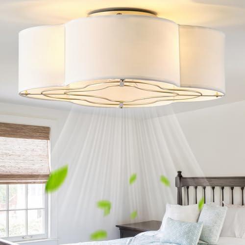 Gryalcy Caged Ceiling Fan with Light, Rattan Flush Mount Ceiling Fans with Lights Remote Control, Low Profile Fabric Enclosed with 6 Speeds for Bedroom, Living Room, Foyer, Nursery (White)
