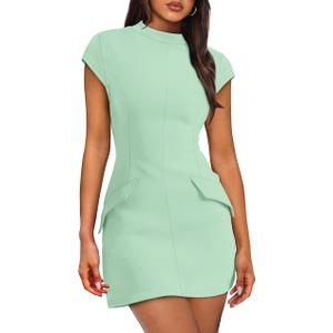 OFEEFAN Womens Summer Dress Mock Neck Short Sleeve Bodycon Party Club Mini Dresses XL