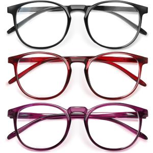 IBOANN Chic & Comfy Blue Light Glasses for Women - 3-Pack Round Frames, Screen-Ready Style with UV Protection Coating (C11 Light Black & Wine Red & Violet Indigo)