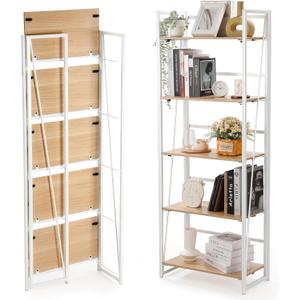 Rengue No-Assembly Folding Bookshelf Storage Shelves 5 Tiers Foldable Vintage Multifunctional Plant Flower Stand Storage Rack Shelves Bookcase for Home Office, White