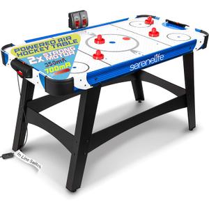 SereneLife 58in Powered Air Hockey Table Upgraded 700mA 12v 2X Powerful Motor, 4 Player 4 Pucks 2 Pushers, Full-Size Arcade Style, Inline Power Switch (Legacy Blue)