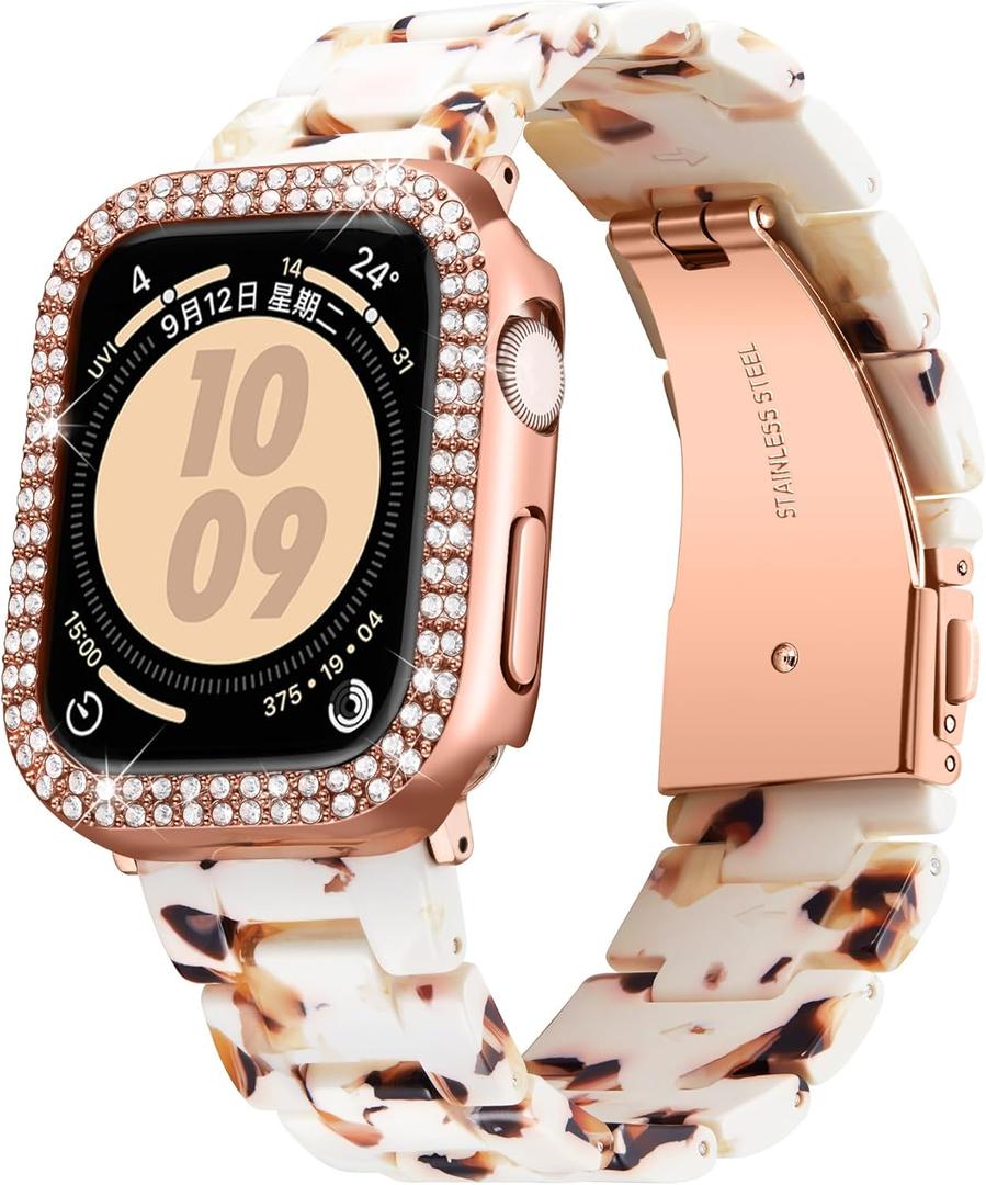 Resin Watch Bands with Case Compatible with Apple Watch Band 40mm 41mm 44mm 45mm Women Watch Strap with Glitter Bling Protective Cover Wristband for iWatch Series 8 7 SE SE2 6 5 4, Nougat White 40mm