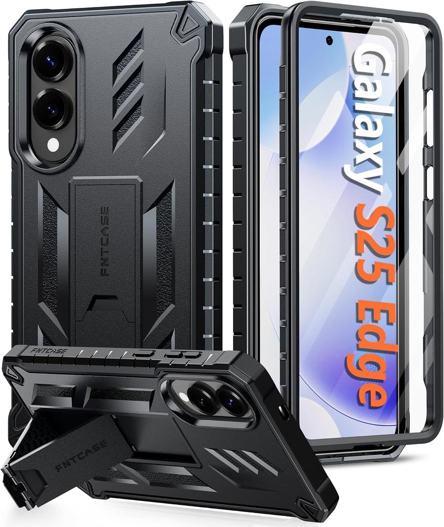 FNTCASE for Samsung Galaxy S25-Edge Case: Military Grade Drop Proof Protection Mobile Cover with Kickstand | Matte Textured Rugged Shockproof TPU | Protective Sturdy Phonecase - Black