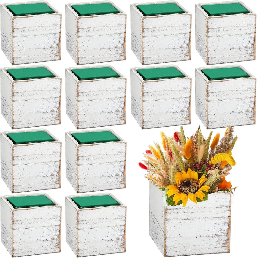 Dandat 12 Sets Wooden Cube Planter Boxes for Centerpiece 4 Inch Flower White Wood Rustic Square Vase with Removable Plastic Liner Floral Foam Block for Garden Wedding Home Arrangement Decor