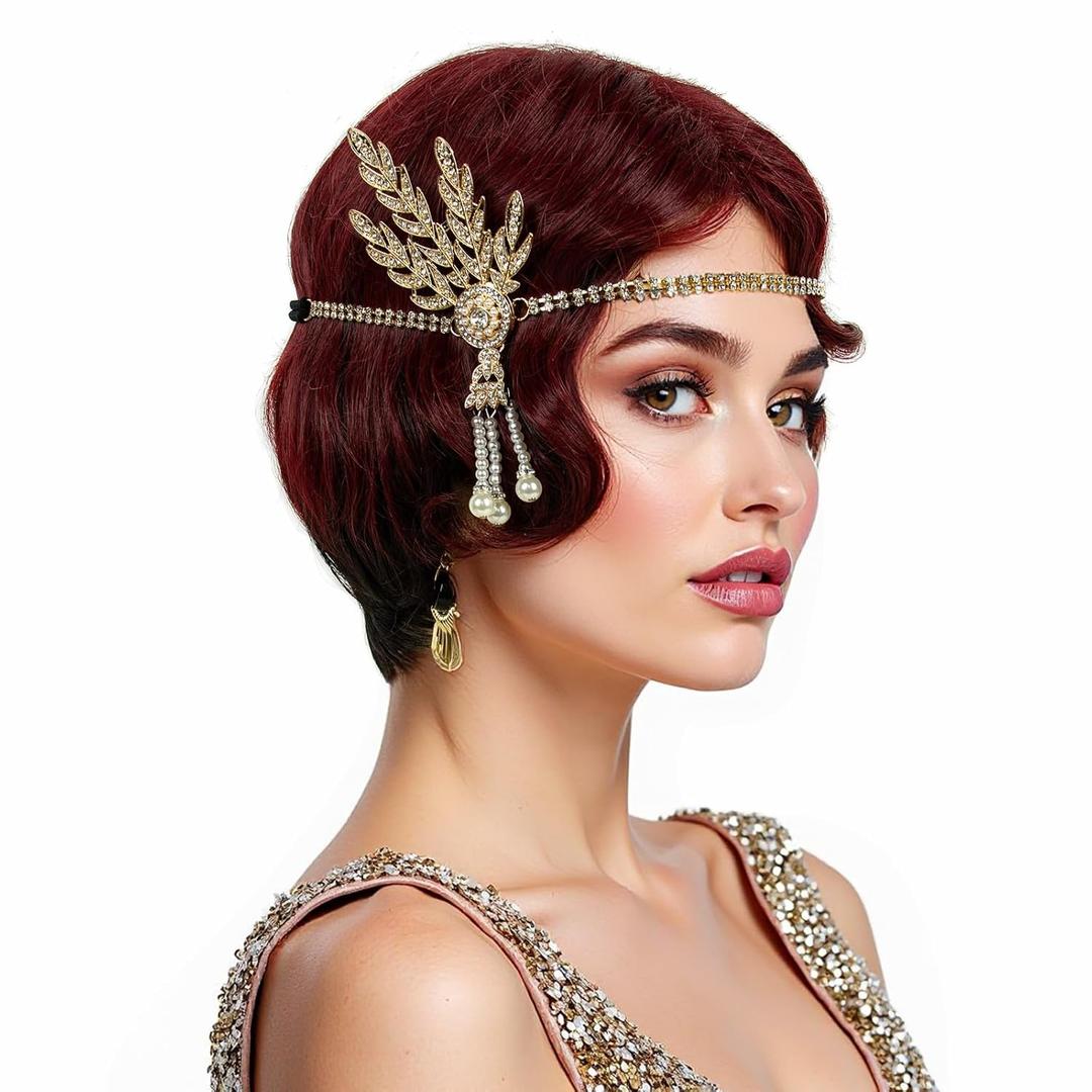 Short Black 1920s Wig for Women Gatsby roaring 20s Finger Wave Party Wig Synthetic Full Vintage Wigs for Womens Lady Cosplay Costume Fancy Dress 1920 Flapper Wig (Black+red)