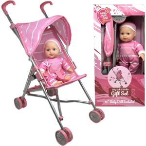Baby Doll with Stroller Set - 12" Baby Doll with Pacifier Gift Set - Pink Fabric Baby Stroller Toy for Kids - Foldable Play Stroller for Dolls with Canopy - Doll Stroller for Toddlers, Girls