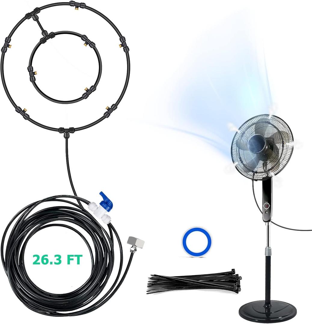 Fan Misting Kit for Outdoor Cooling 26.3 FT Misting Hose 8 Brass Misting Nozzles Outdoor Fan Misting Cooling System Water Misting Fan for Outdoor Patio Garden Backyard Greenhouse Breeze