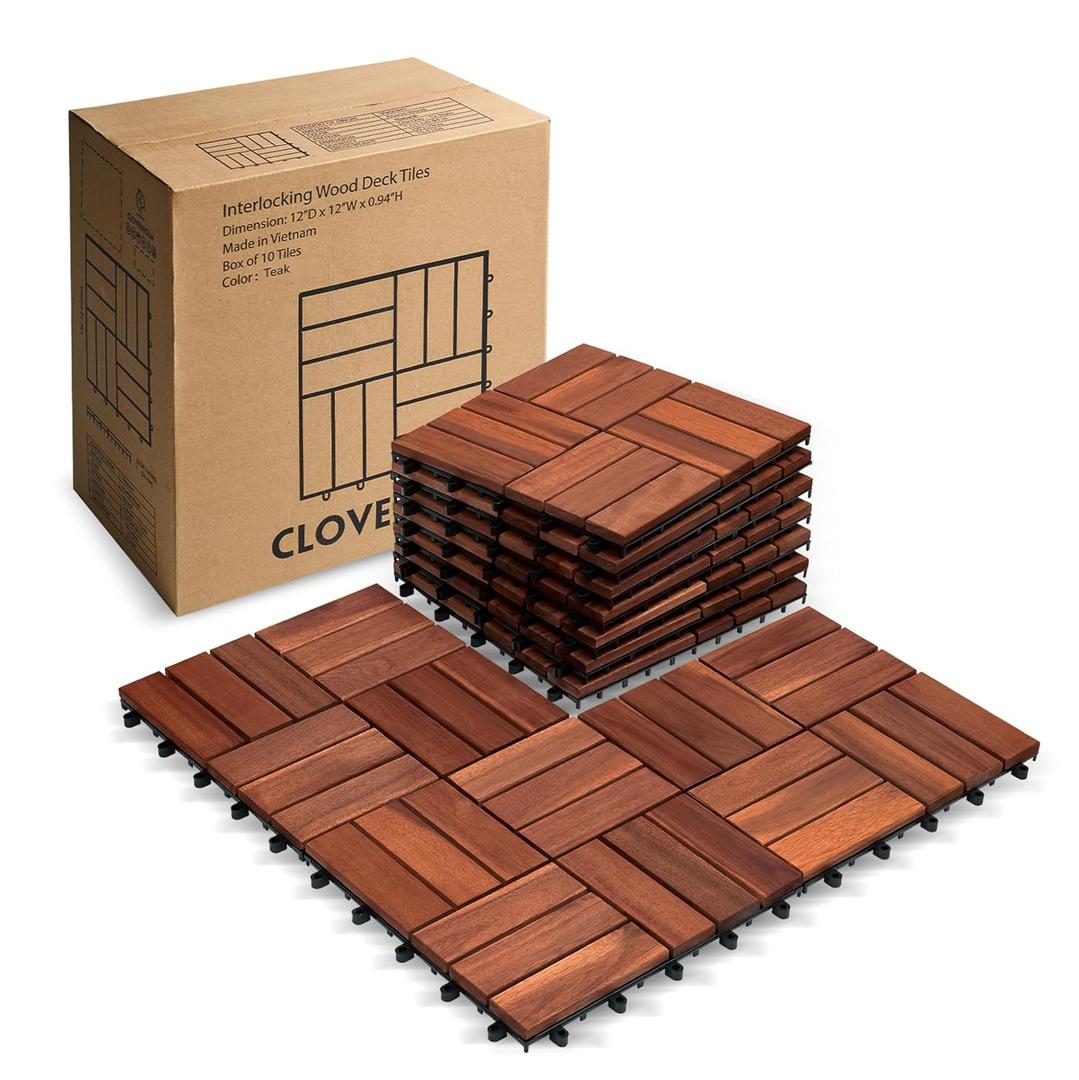 10 PCs Interlocking Wood Deck Tiles 12x12 inches, Waterproof All Weather Tiles for Porch Flooring, Outdoor Patio Wooden Floor Tiles, Balcony Deck, Easy Snap Lock, Walnut (Tiles-Walnut-12S)