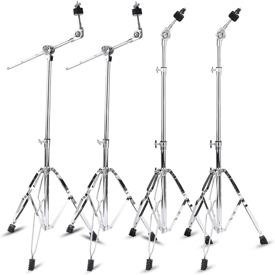 2 Pack Boom Cymbal Stand + 2 Pack Straight Cymbal Stand Combo Set, Adjustable Cymbal Stand for Crash, Ride, Splash Cymbals, Stable Double-Braced Tripod Legs with Rubber (4 Pack)