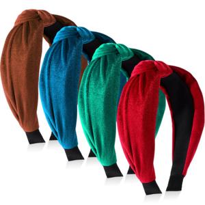 4 Pcs Velvet Knotted Headband for Women Christmas Red Green Blue Brown Hairband Wide Fashion Hair Band for Women Girls No Slip Turban Outfit for Holiday Party Hair Accessories Gifts