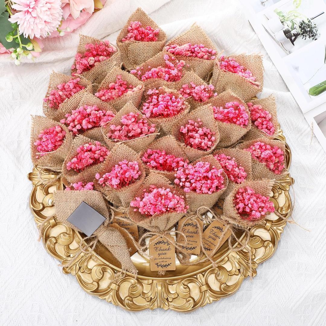 Kingdder 24 Pcs Mini Magnet Dried Flower Bouquets Baby Shower Favors for Guests Rustic Babys Breath Bridal Shower Wedding Baptism Favors with Thank You Cards Return Gifts Wedding Souvenir(Pink)
