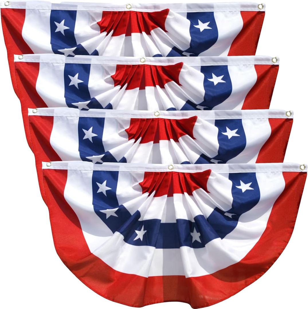 4 Pack 1.5 x 3 FT American Pleated Fan Flag with Red White Blue Star Panels, Patriotic USA Bunting Half Circle Flags for Porch Railing Fence Balcony Home, Independence Day 4th of July Outdoor Decor