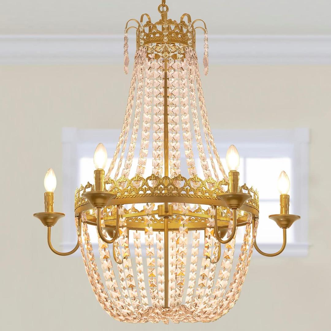 Wellmet French Empire Crystal Chandelier Modern Adjustable Hanging Pendant Ceiling Mount Light Fixture for Hallway Dining Living Room Bedroom Foyer, H 38.2" x W 31.5", Gold, 6-Light, E12 Base