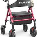 Walkers for Seniors with Seat, Foldable Rollator Walker, Reinforced Aluminum Frame, 8" Big Rubber Wheels for All Terrain, Height Adjustable Lightweight Rolling Walker (400 Pound, Red)