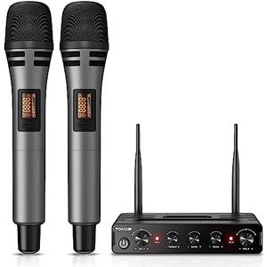 TONOR Wireless Microphone Systems, Dual UHF Cordless Karaoke Microphone Set, Handheld Dynamic Microfono for Singing with Receiver for Home Karaoke, Party, Church, DJ, Wedding, Speech 200ft TW350 Grey