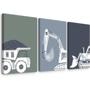 Truck Boy Wall Art Baby Nursery Canvas Prints Construction Toddler Room Wall Art Car Posters Construction Truck Pictures Baby Nursery Wall Decor for Kids Boy Bedroom 16x24 Inch Framed Set of 3 (Green Digger Prints)