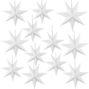 12 Pcs 3D Christmas White Paper Star Lampshade 7-Pointed White Star Lantern 18 Inch 14 Inch 12 Inch 10 Inch Paper Stars Lamp Shade Hollow Out for Xmas Wedding Party Home Hanging Decorations