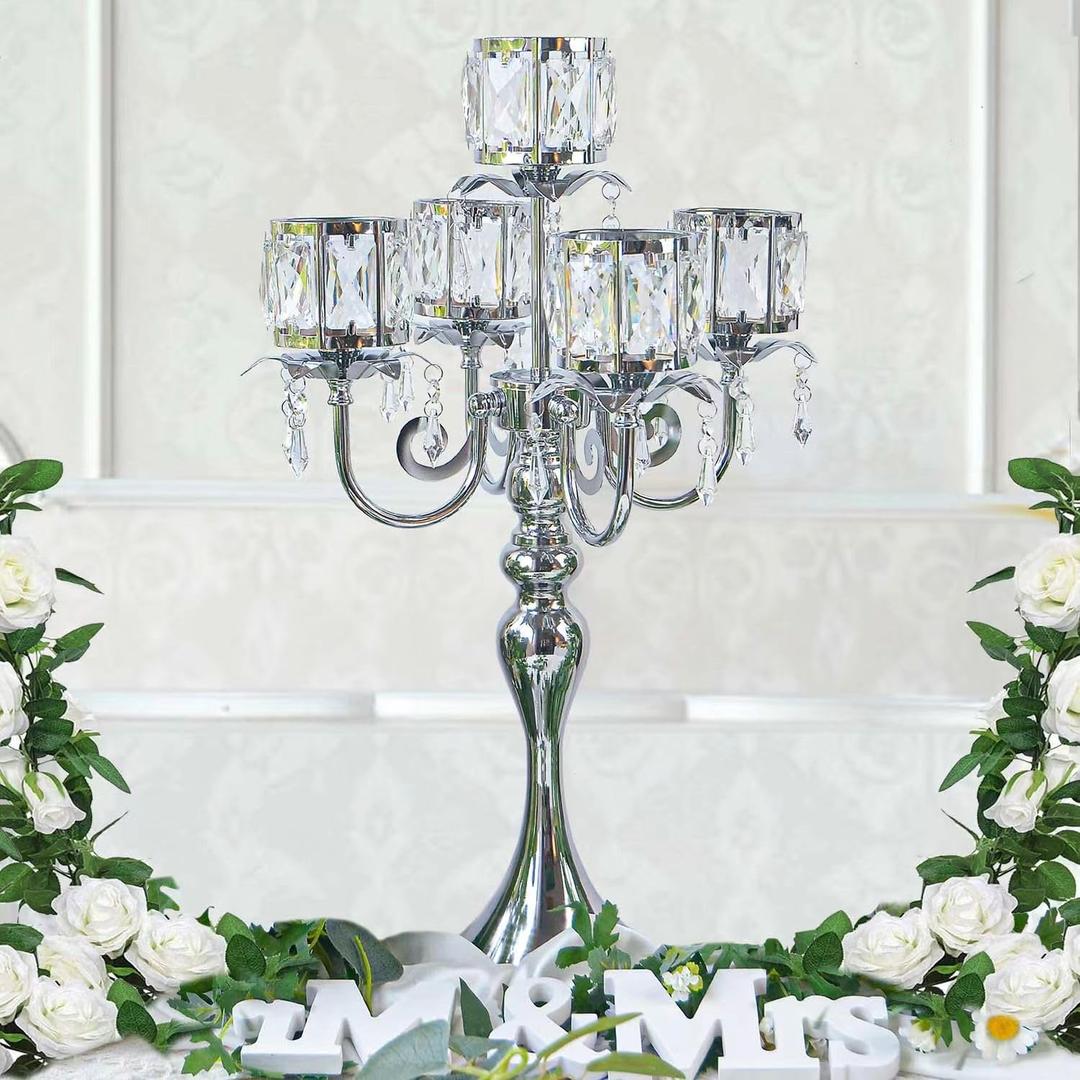 Silver 5 Arm Pendant Square Crystal Candle Holder, 22 Inches Table Decor Classic and Elegant Table Centerpiece Atmosphere Candlestick for Gift Wedding Party Home Decor