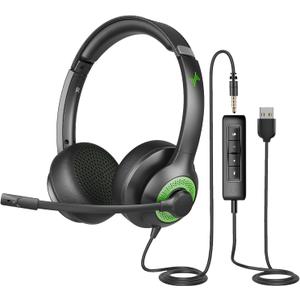 JIAMQISHI USB Headset with Mic for PC, On-Ear Computer Laptop Headphones with Noise Cancelling Microphone in-line Control for Home Office Online Class Skype Zoom (USB+3.5mm, Green)