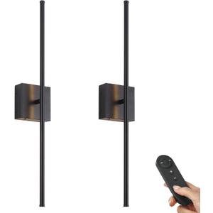 Battery Operated Wall Sconces with Remote Control, Dimmable Wall Sconces Set of Two, 350Rotate, 3000K LED Black Wireless Wall Light for Living Room, Hallway, Bedroom, 28.3 Inch (2 Pack)