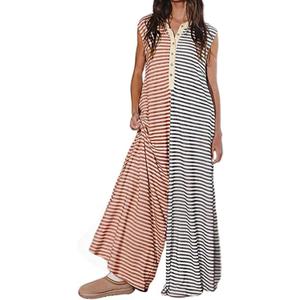 CHARTOU Loose Striped Wide Leg Jumpsuit for Women Summer Romper Flowy Pants Comfy Sleeveless Button Baggy Overalls, X-Large, Grey