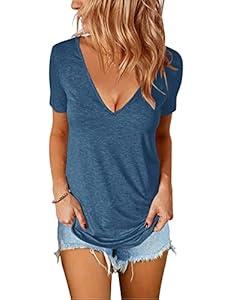 Topstype Women's Deep V Neck Tops Casual Low Cut Short Sleeve Shirts(Deep V Neck Blue, XL