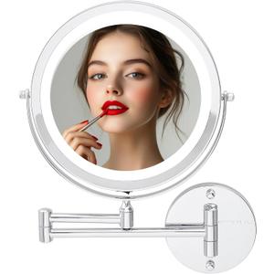 OVENTE Wall Mounted Lighted Makeup Mirror, 9" Double Sided 1X/10X Magnifying Vanity Mirror for Bathroom with LED Lights, Cordless, 360 Rotation and 13" Extendable Arm, Polished Chrome MFW85CH1X10X