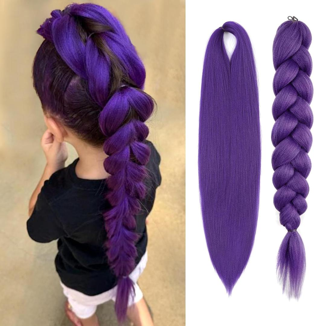 2 x Long Purple Braiding Hair Pre-Stretched - 24 Inch Sythetic Braiding hair Extensions for Braids, Purple Hair for Stage Party Halloween Costume Cosplay (24 Inch, Purple-2P)