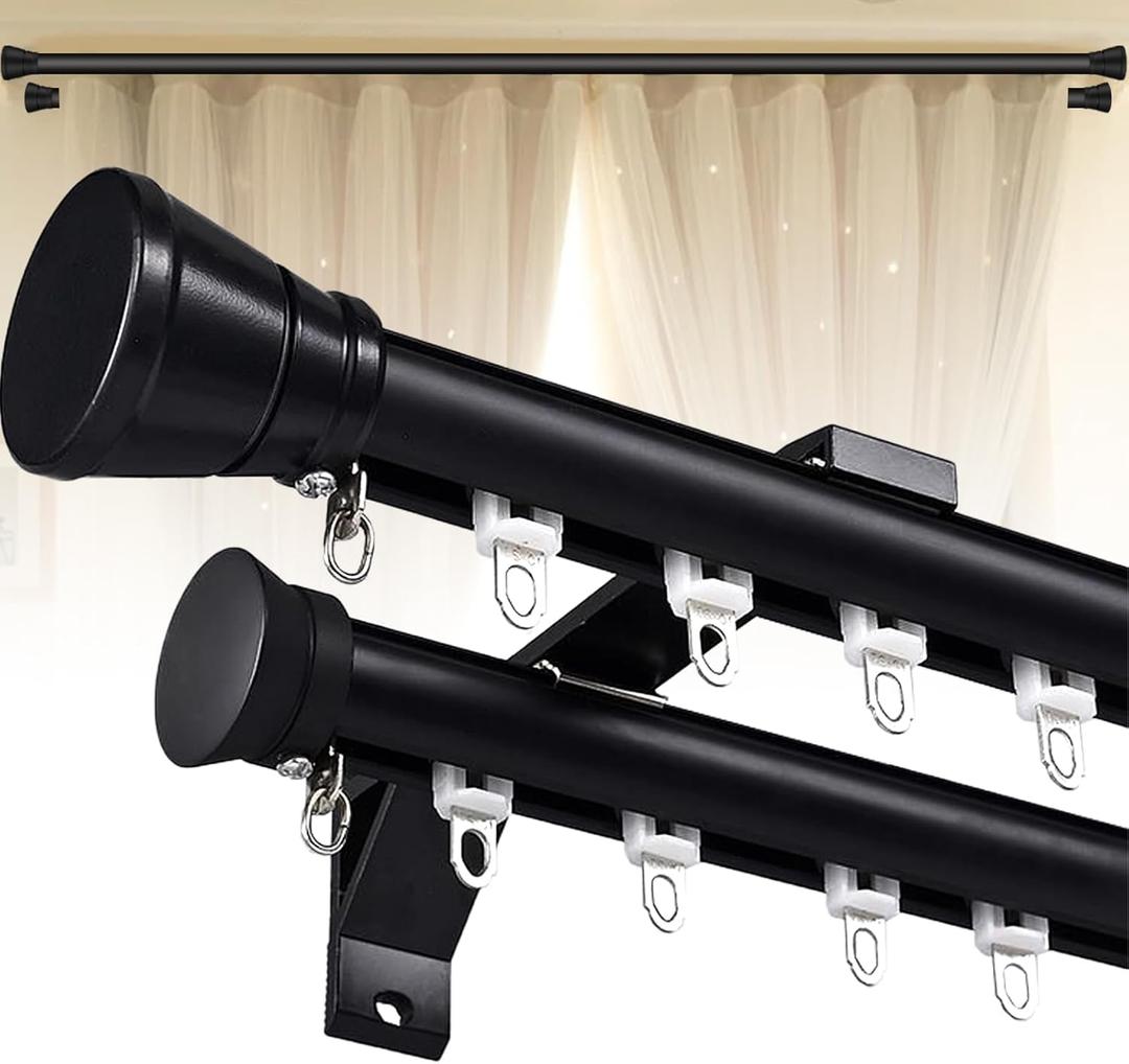 Double Curtain Rods for Windows, 6.6ft Wall Mounted Heavy Duty Dual Rods with Silent Aluminum Alloy Brackets, Decorative Double Drapery Rod for Bedroom/Living Room/Hotel/Room Divider, Black